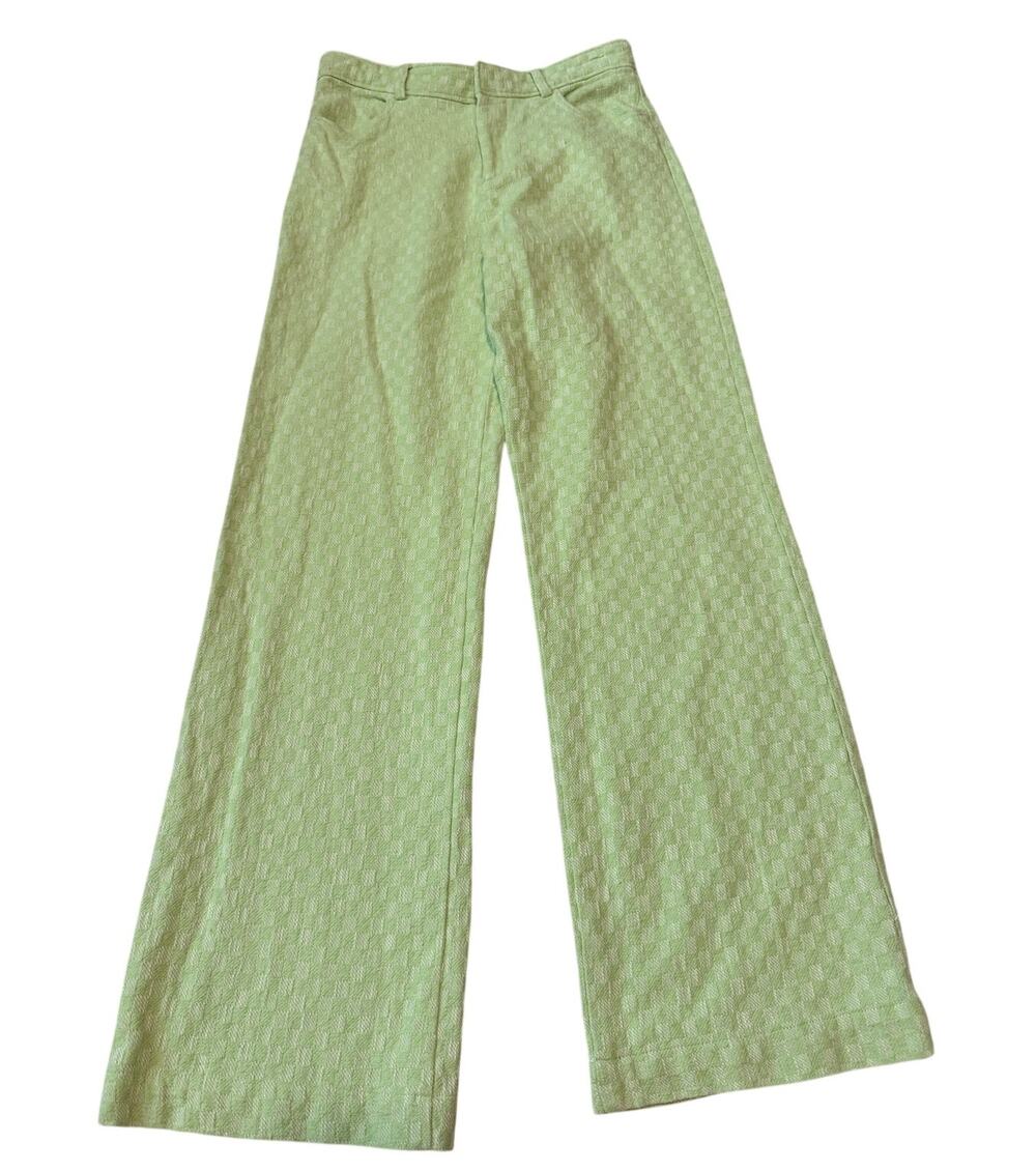 ZARA Light Green Textured Wide Leg Pants Size M High Rise Checkered Pastel